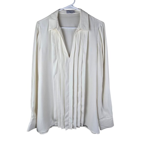 Frame Womens Long-Sleeve Pleated Ivory Silk Blouse Size M Capsule Career - Picture 1 of 5